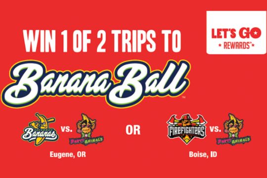 A vibrant red background features a promotional graphic for a contest to win trips to Banana Ball games in Eugene, OR and Boise, ID, showcasing team logos and matchups, featured in the Bodyarmor Banana Ball Sweepstakes
