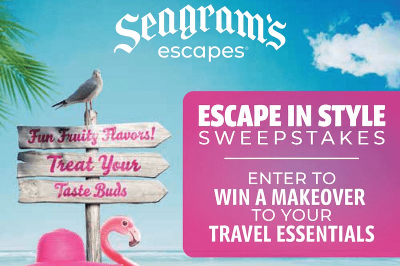 A tropical scene featuring a signpost with playful messages about flavors and travel, alongside a pink flamingo near shimmering water under a sunny sky, featured in the Seagram's Escapes Spring Kit Sweepstakes