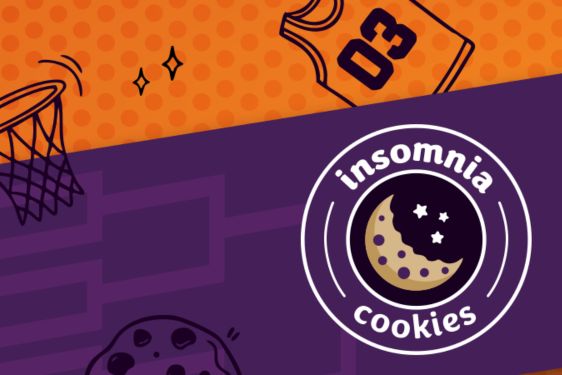A vibrant graphic features a basketball jersey with the number 03 and a hoop, alongside an illustration of a cookie, highlighting a playful sports and dessert theme, featured in the Insomnia Cookies Snack Madness Sweepstakes