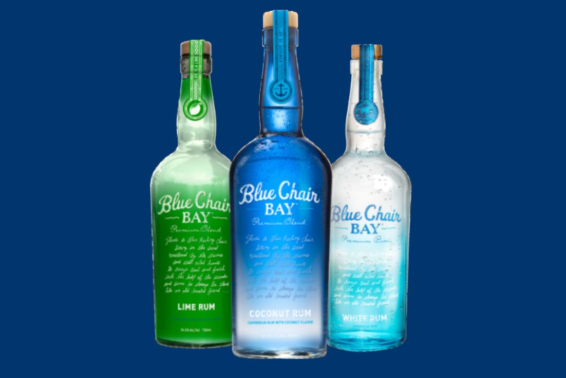 Three colorful rum bottles are displayed against a blue background, featuring Lime Rum, Coconut Rum, and White Rum, all from Blue Chair Bay, showcasing their unique designs and vibrant colors, featured in the Blue Chair Bay Rum Kenny Chesney Sweepstakes