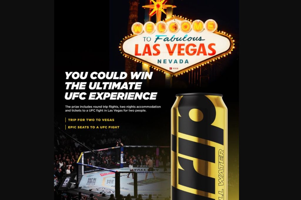 A vibrant Las Vegas sign glows in the background while a UFC fight unfolds in the arena, highlighting the excitement of winning an ultimate UFC experience trip. A beverage can is featured in the foreground, featured in the Drip Hydration UFC Tickets Sweepstakes