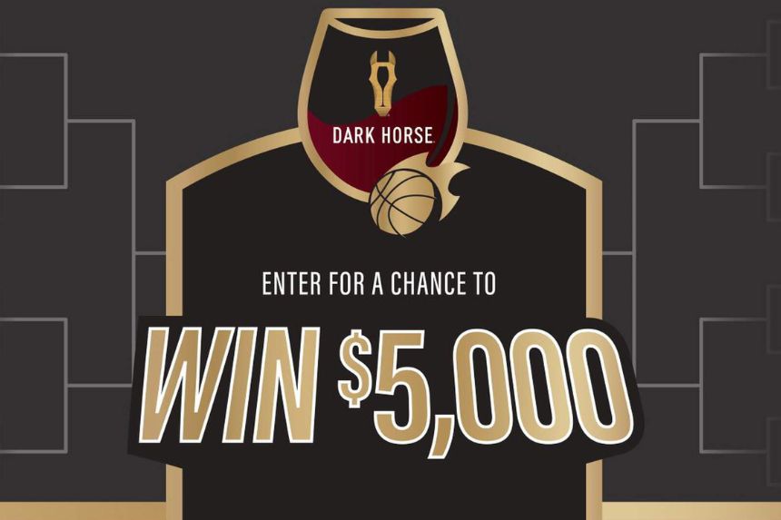 A promotional graphic featuring a basketball-themed design with a trophy and the text highlighting a chance to win $5,000, set against a dark background with brackets, featured in the Dark Horse 5K Sweepstakes
