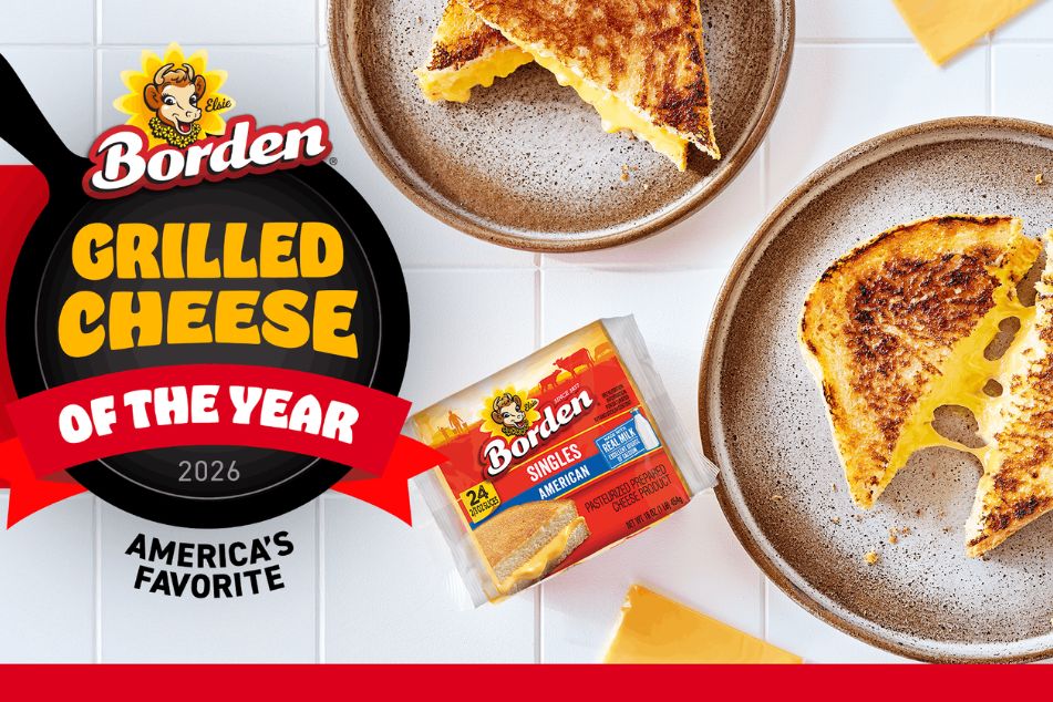 Golden-brown grilled cheese sandwiches sit on earthy plates, with a package of Borden cheese nearby. One sandwich is partially bitten into, revealing melted cheese inside, featured in the Borden Cheese Grilled Cheese Sweepstakes