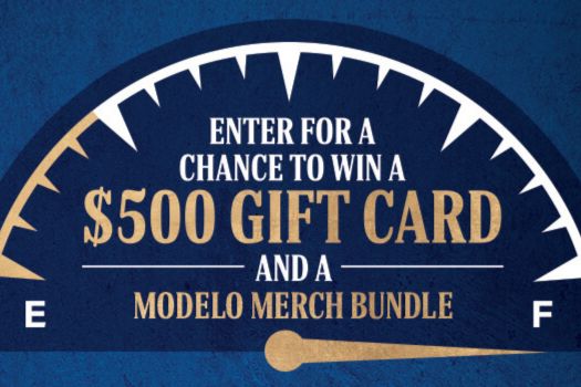 A graphic displaying a gauge with markings from E to F, indicating a contest to win a $500 gift card and a merchandise bundle, set against a blue background, featured in the Modelo On The Move Sweepstakes
