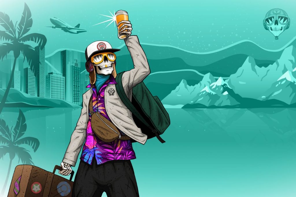 A colorful skeleton in sunglasses and a cap raises a beer glass against a backdrop of palm trees, mountains, and a cityscape, exuding a carefree travel vibe, featured in the Voodoo Ranger Mystery Vacation Sweepstakes