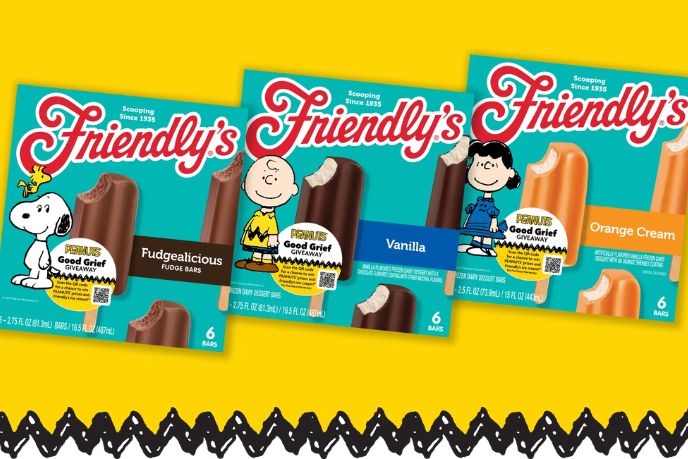 Three colorful ice cream bar packages feature cartoon characters from the Peanuts comic strip, showcasing Fudgealicious, Vanilla, and Orange Cream flavors against a vibrant background, featured in the Friendly’s Good Grief Sweepstakes