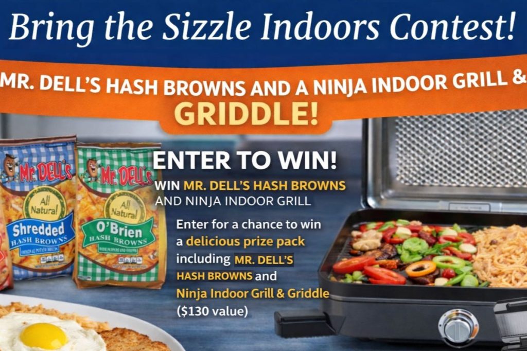 Two bags of hash browns are displayed next to a Ninja indoor grill filled with colorful vegetables and cooked rice, promoting a contest to win the products, featured in the Indoor Grill & Hash Browns Sweepstakes
