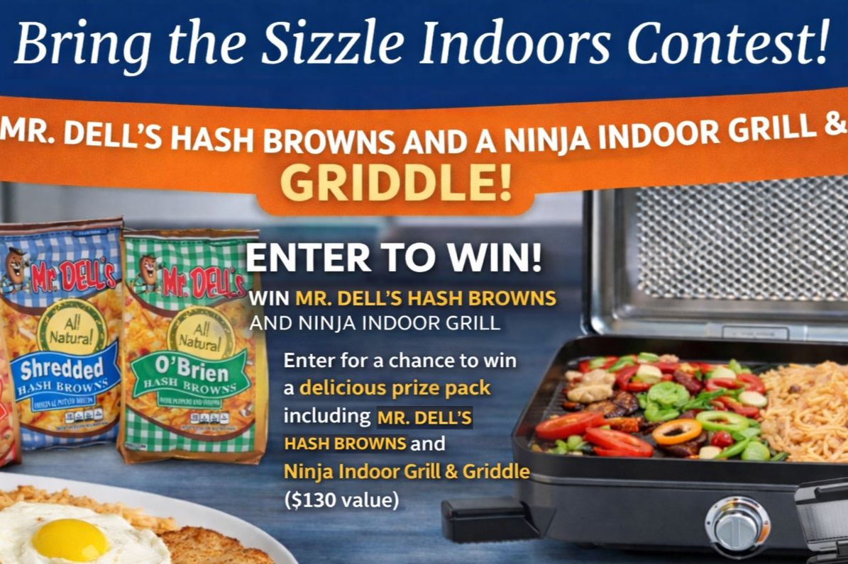 Two bags of hash browns are displayed next to a Ninja indoor grill filled with colorful vegetables and cooked rice, promoting a contest to win the products, featured in the Indoor Grill & Hash Browns Sweepstakes