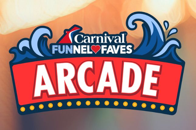 A vibrant arcade sign features playful waves and bold red letters spelling "ARCade," evoking a sense of fun and excitement in a cheerful atmosphere, featured in the Carnival Cruise Sweepstakes