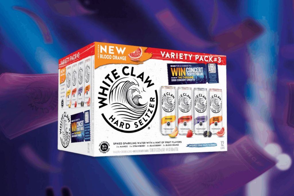 A colorful variety pack of hard seltzer featuring flavors like mango, strawberry, blackberry, and a new blood orange, set against a vibrant background, featured in the WHITE CLAW Hard Seltzer Concert Tickets for Life Sweepstakes