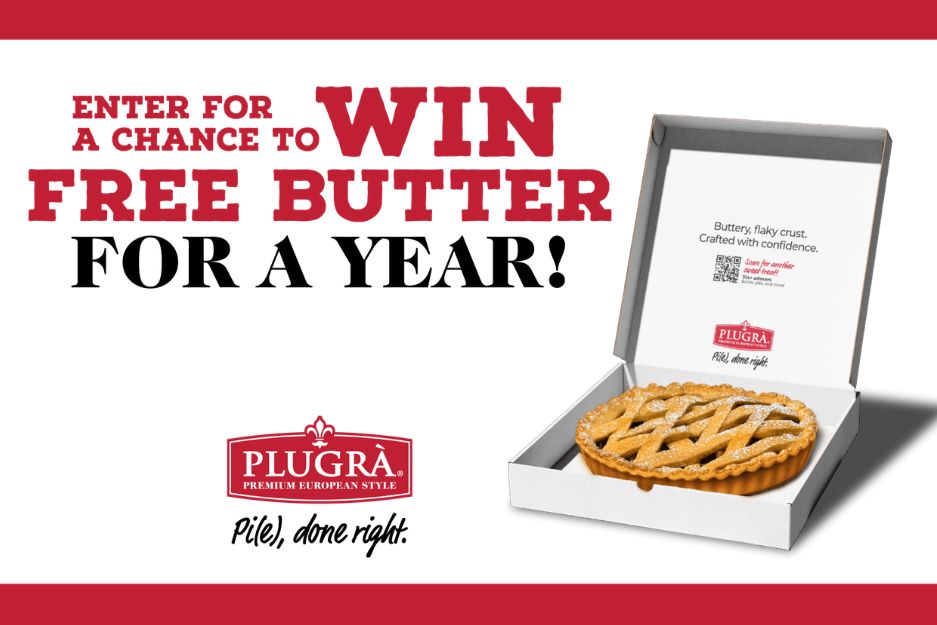 A freshly baked pie with a golden lattice crust sits in an opened box, promoting a giveaway for free butter for a year. The scene conveys a tempting, inviting dessert experience, featured in the Dairy Farmers Plugra Butter Sweepstakes