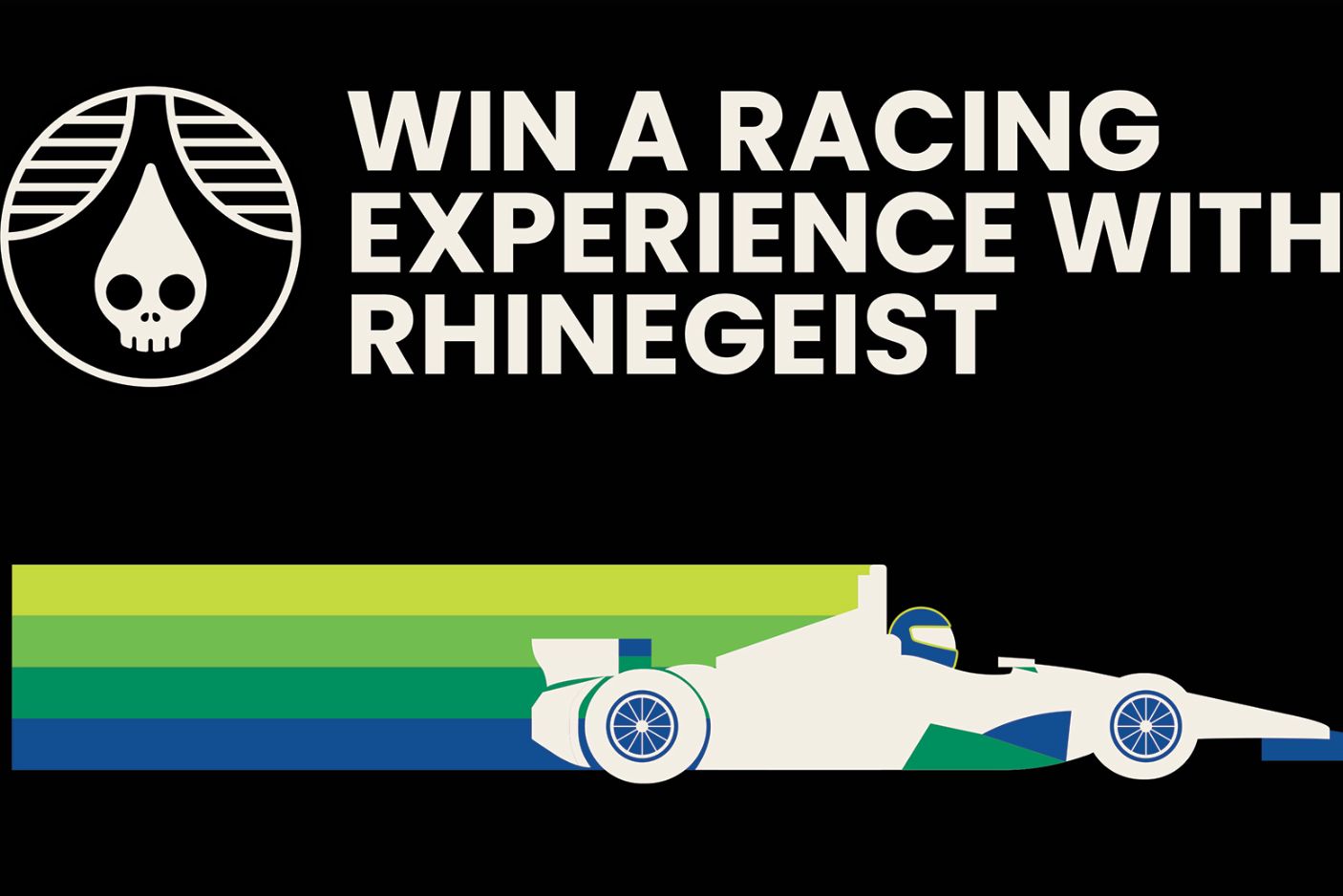A stylized race car is speeding by with colorful stripes in the background, against a black backdrop. Text invites viewers to win a racing experience with Rhinegeist, featured in the Rhinegeist $500 E-Gift Card Sweepstakes