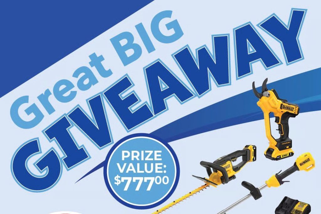 A collection of power tools displayed prominently, featuring a hedge trimmer and other equipment, all set against a vibrant blue background announcing a giveaway valued at $777, featured in the Runnings DeWalt Yard Care Sweepstakes
