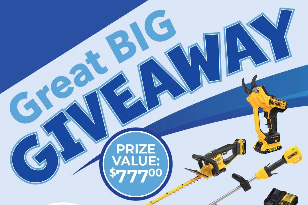 A collection of power tools displayed prominently, featuring a hedge trimmer and other equipment, all set against a vibrant blue background announcing a giveaway valued at $777, featured in the Runnings DeWalt Yard Care Sweepstakes