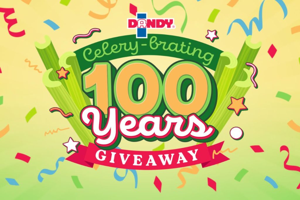 Colorful celebration graphic featuring vibrant celery stalks, confetti, and festive elements, highlighting a milestone with "100 Years Giveaway.", featured in the Duda Dandy Products Sweepstakes
