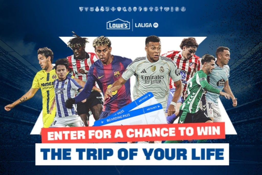 A dynamic scene features multiple soccer players in vibrant uniforms, showcasing action poses. Tickets for an exciting prize trip are prominently displayed in the foreground, featured in the Lowes LaLiga Spain Flyaway Sweepstakes