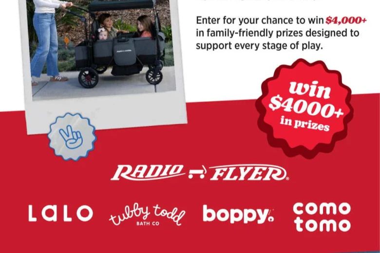 A parent pushes a children’s wagon with two kids seated inside, while another child stands beside them, outdoors on a sunny day. Bright and playful scene highlighting family fun, featured in the Play Grows with You Sweepstakes
