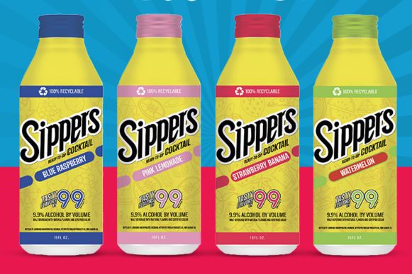 Four colorful beverage bottles stand side by side against a bright background, showcasing various flavors of a cocktail drink in vibrant packaging, featured in the Sippers By 99 Festival Sweepstakes