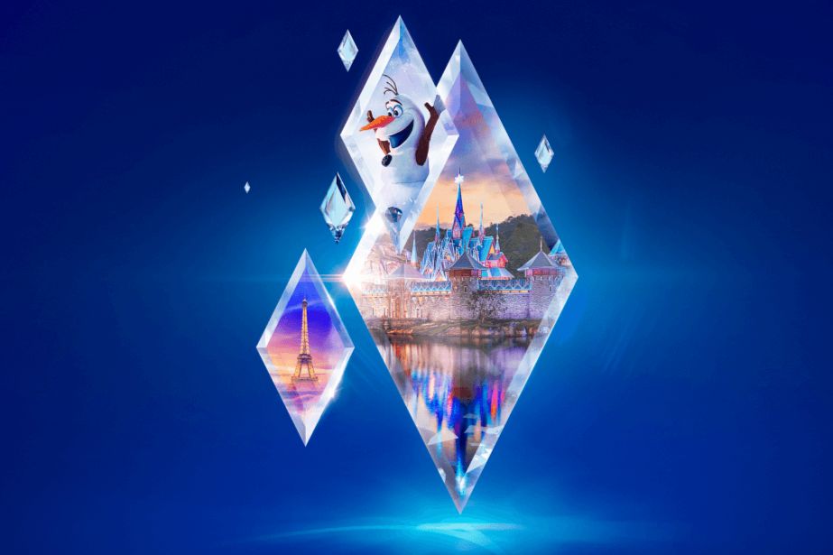 A whimsical, icy diamond shape showcases Olaf the snowman and iconic landmarks like the Eiffel Tower, set against a vibrant blue background, evoking a magical winter theme, featured in the JetBlue Disneyland Paris Sweepstakes