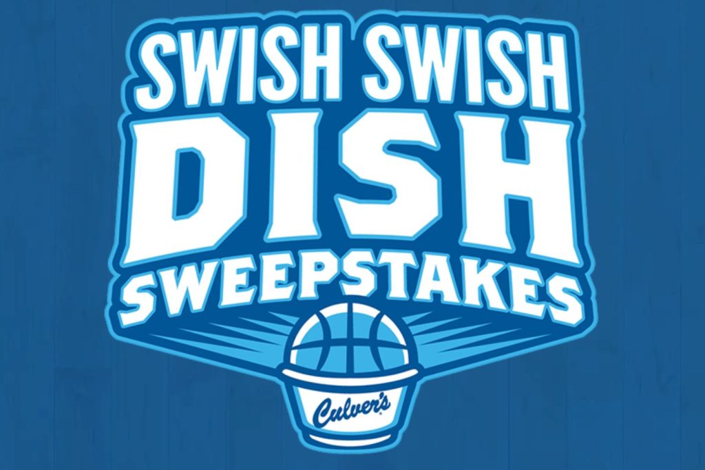 A bright blue graphic features the text "SWISH SWISH DISH SWEEPSTAKES" prominently, with a basketball illustration below, creating an energetic and playful atmosphere, featured in the Culvers $2,500 Sweepstakes