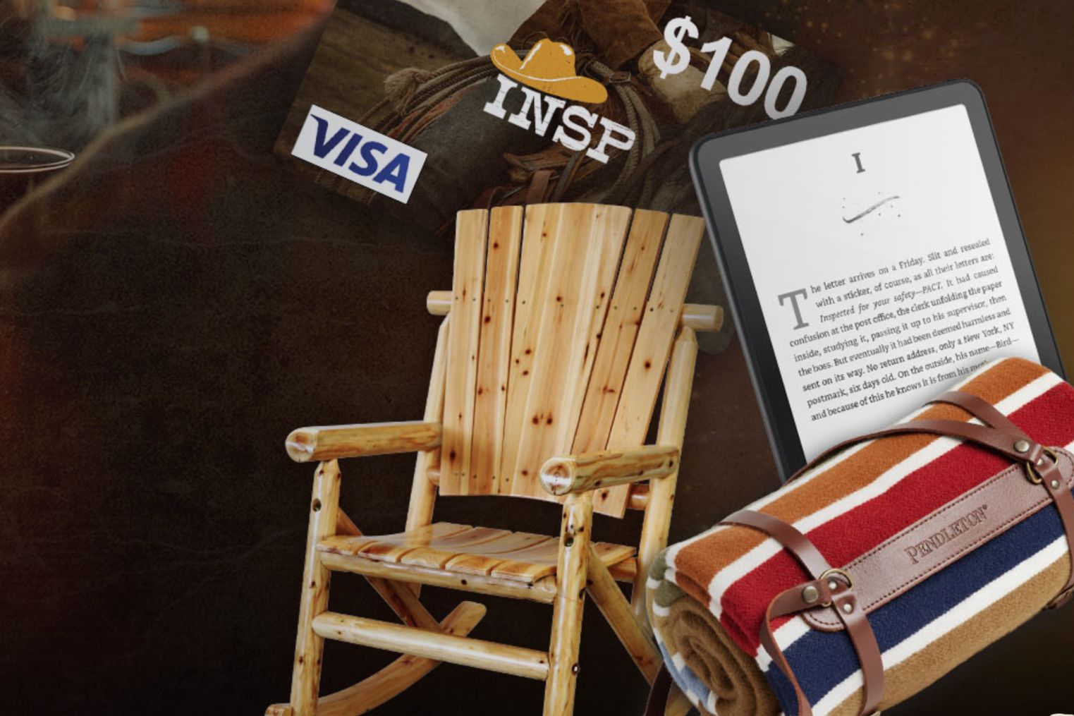 A wooden rocking chair is featured alongside a tablet displaying text and a rolled-up striped blanket with leather straps, set against a dark background, featured in the INSP Cowboy Comforts Sweepstakes