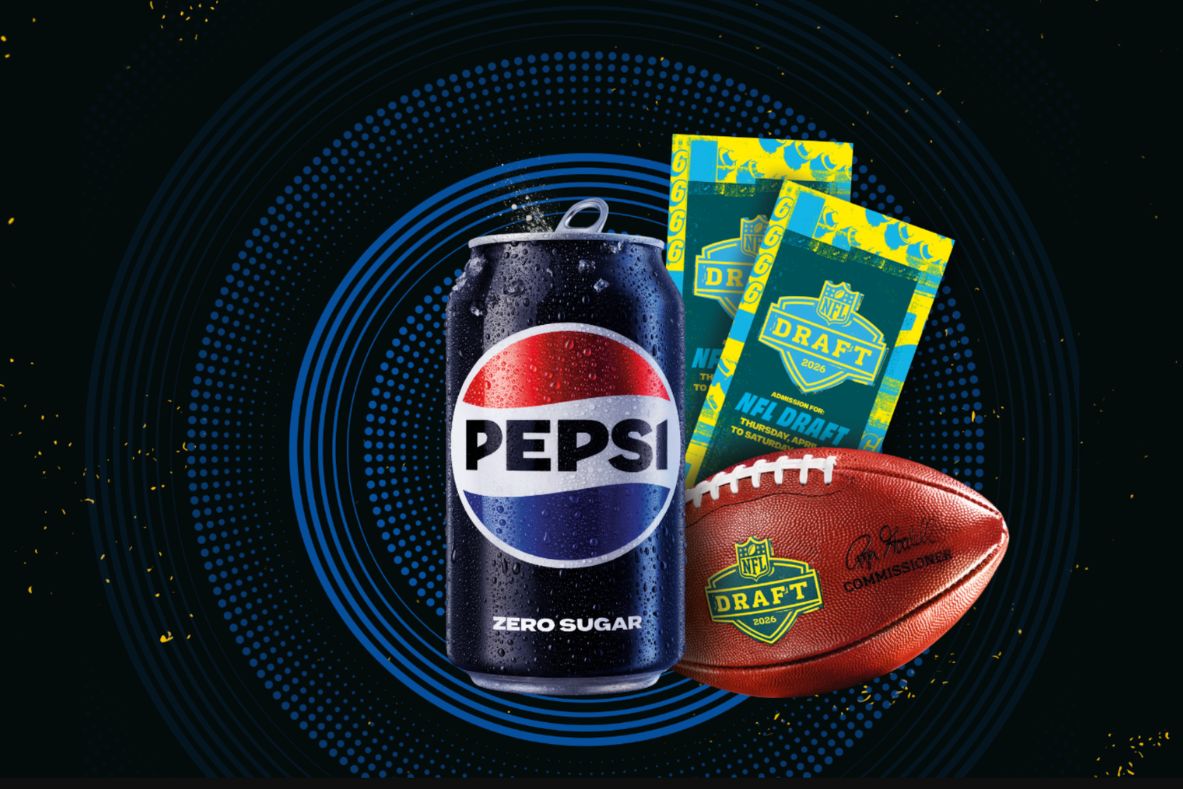 A can of Pepsi Zero Sugar is placed next to an NFL draft ticket and a football, all set against a vibrant, abstract background featuring looping blue patterns, featured in the Pepsi NFL Draft 2026 Sweepstakes