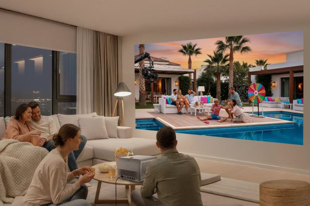 A cozy living room scene features a couple enjoying popcorn and chips while watching friends having fun by a pool, set against a colorful sunset backdrop projected on the wall, featured in the BenQ Movie Night Bundle Sweepstakes