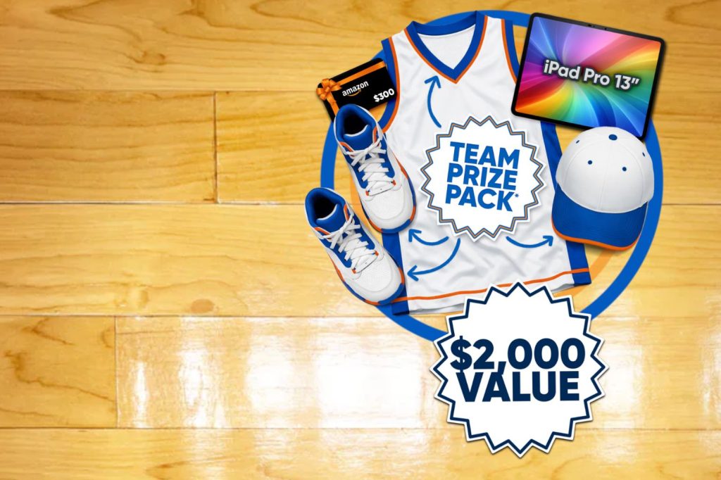 A basketball-themed prize pack features a jersey, sneakers, a cap, and an iPad on a hardwood floor, highlighting a $2,000 value promotion for sports enthusiasts, featured in the Nutricost Nutrihoop Giveaway