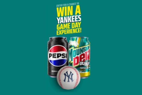 Cans of Pepsi and Mountain Dew are placed alongside a baseball, all set against a vibrant teal background, promoting a chance to win a Yankees game day experience, featured in the Mountain Dew Yankees Sweepstakes