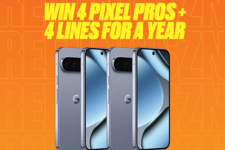 Four smartphones are displayed against a vibrant orange background, showcasing their sleek design and features. The text suggests a giveaway for these devices and accompanying services, featured in the Boost Mobile Tax Sweepstakes 2026