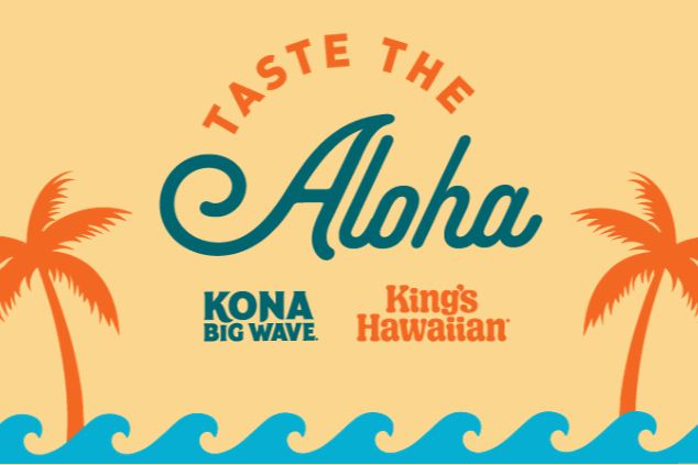 A tropical scene features palm trees against a warm, sandy background, with vibrant waves below. The text promotes the phrase "Taste the Aloha," evoking a laid-back island vibe, featured in the Kings Hawaiian Taste of Aloha Sweepstakes
