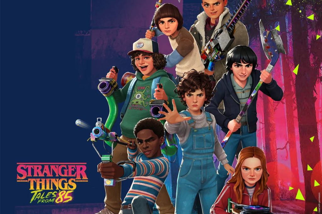 A group of eight animated characters stands confidently in a forest setting, each holding various playful gadgets, ready for an adventure in a nostalgic 1980s theme, featured in the Jazwares Stranger Things Sweepstakes