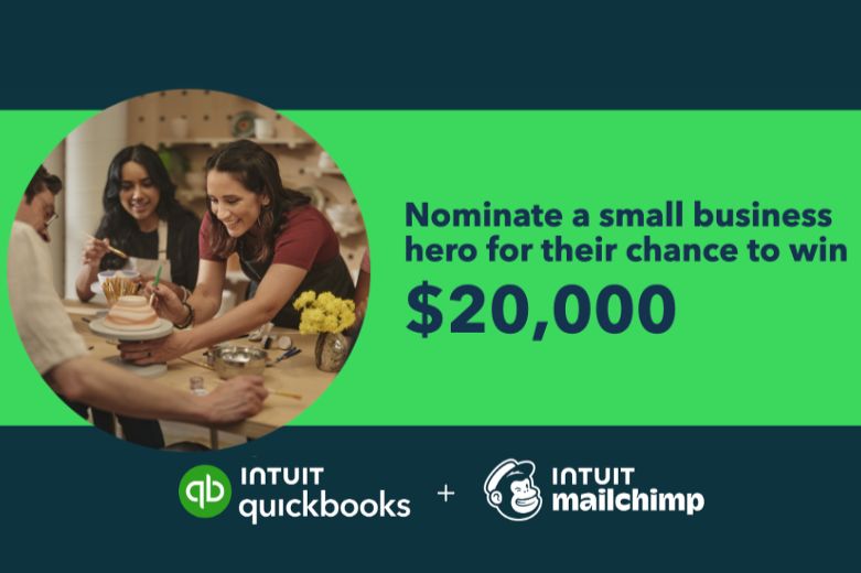A group of people enjoys a discussion while one person serves dessert at a table, highlighting a campaign to support small businesses with a $20,000 prize, featured in the Intuit Small Business Hero Sweepstakes