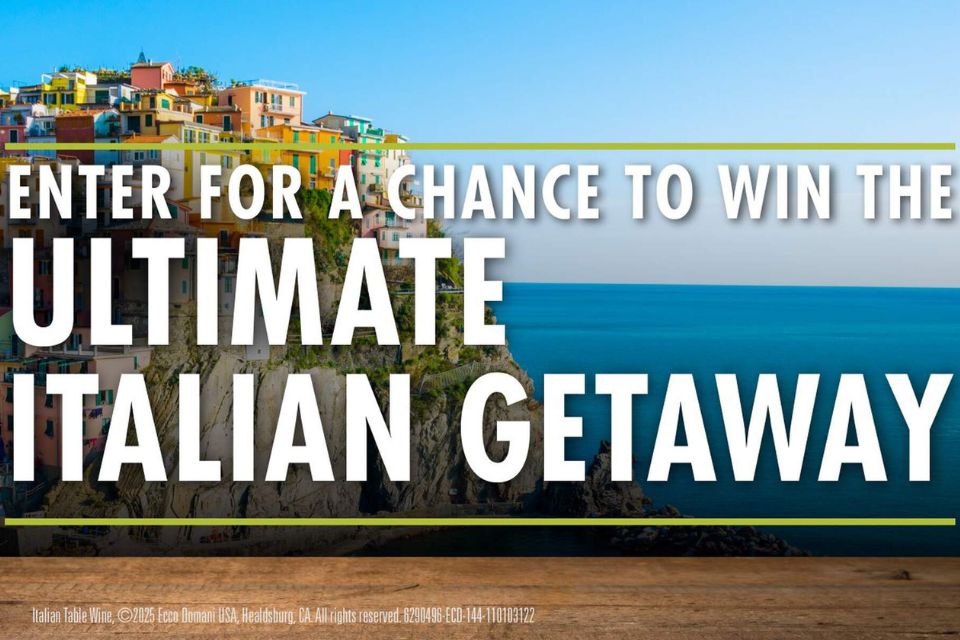 A colorful seaside village with charming buildings perched on rocky cliffs overlooks a serene blue sea, inviting viewers to imagine an Italian getaway, featured in the Ecco Domani Italy Getaway Sweepstakes