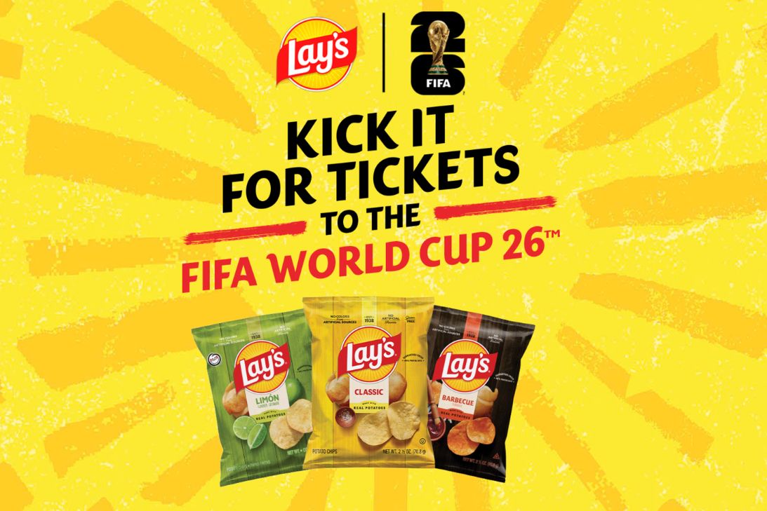 Colorful background featuring three bags of Lay's potato chips in lime, classic, and barbecue flavors, promoting a contest for FIFA World Cup 26 tickets, featured in the Lays World Cup Trip Sweepstakes