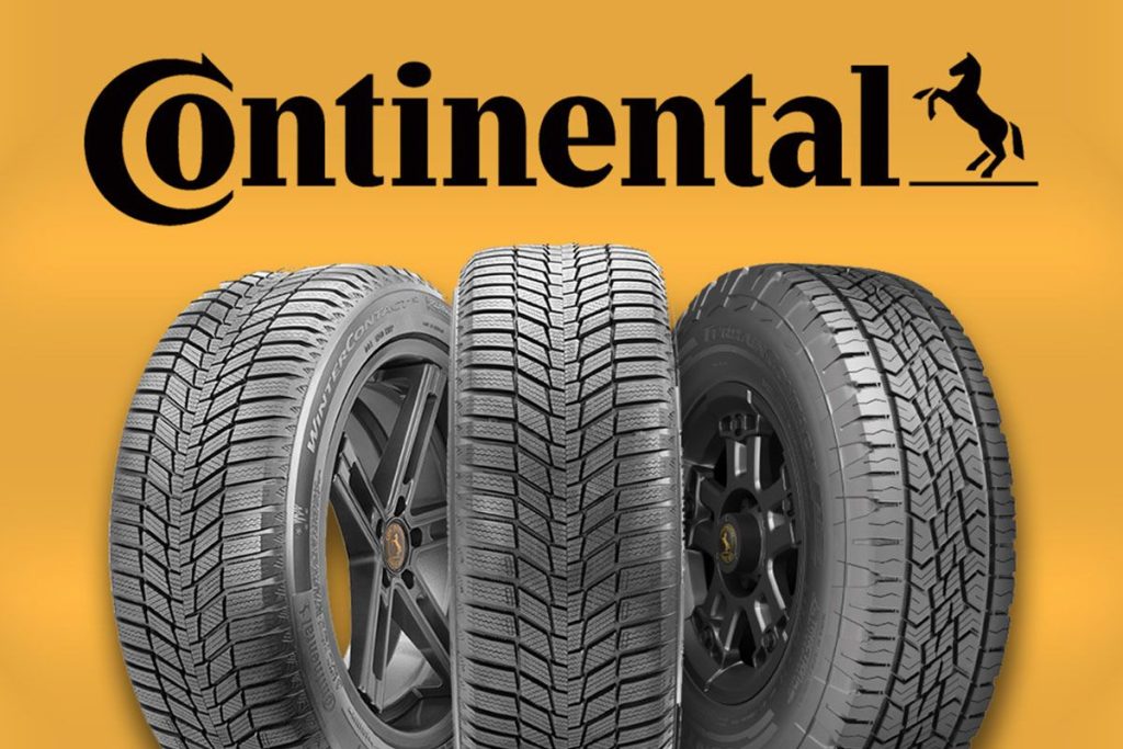 Three distinct tires are displayed, showcasing various tread patterns against a bright yellow background. The center tire is highlighted prominently, suggesting a focus on winter performance, featured in the Continental Tire 4 Tire Sweepstakes