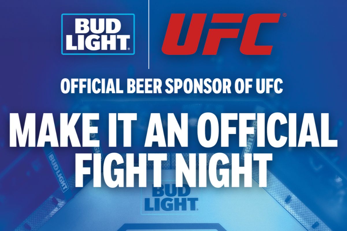 A vibrant blue background features the UFC Octagon with elements promoting an official fight night. Text encourages participation, emphasizing the excitement of the event, featured in the Bud Light x UFC Sweepstakes