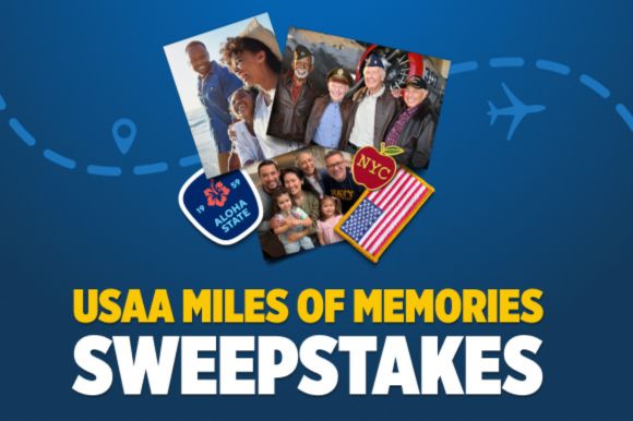 Colorful photographs of various people enjoying experiences together are displayed against a blue background, alongside symbols of travel and adventure, featured in the USAA Miles of Memories Sweepstakes