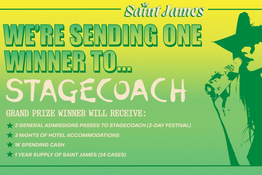 Promotional graphic for a contest featuring a silhouetted figure holding a drink, announcing a giveaway for passes to the Stagecoach festival and additional prizes, featured in the Saint James Stagecoach Sweepstakes