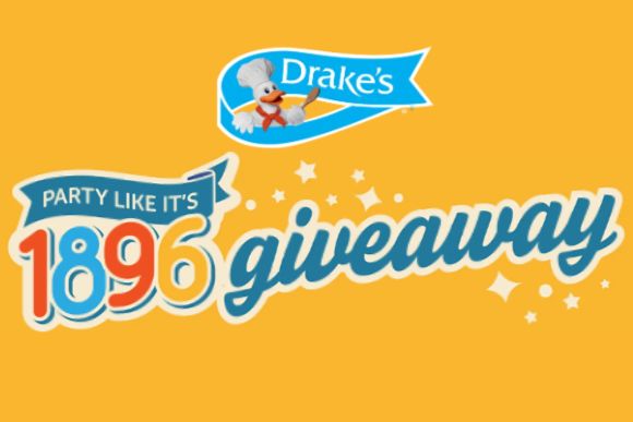 A vibrant yellow background features playful text promoting a giveaway, emphasizing the year 1896, with a whimsical character in chef attire above, featured in the Drakes Cakes Prize Pack Sweepstakes
