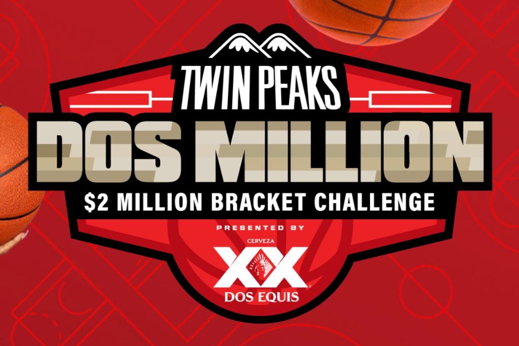 A vibrant red background features basketball graphics alongside a promotional banner for a $2 million bracket challenge, highlighting excitement for a sports event, featured in the Twin Peaks $2 Million Bracket Challenge