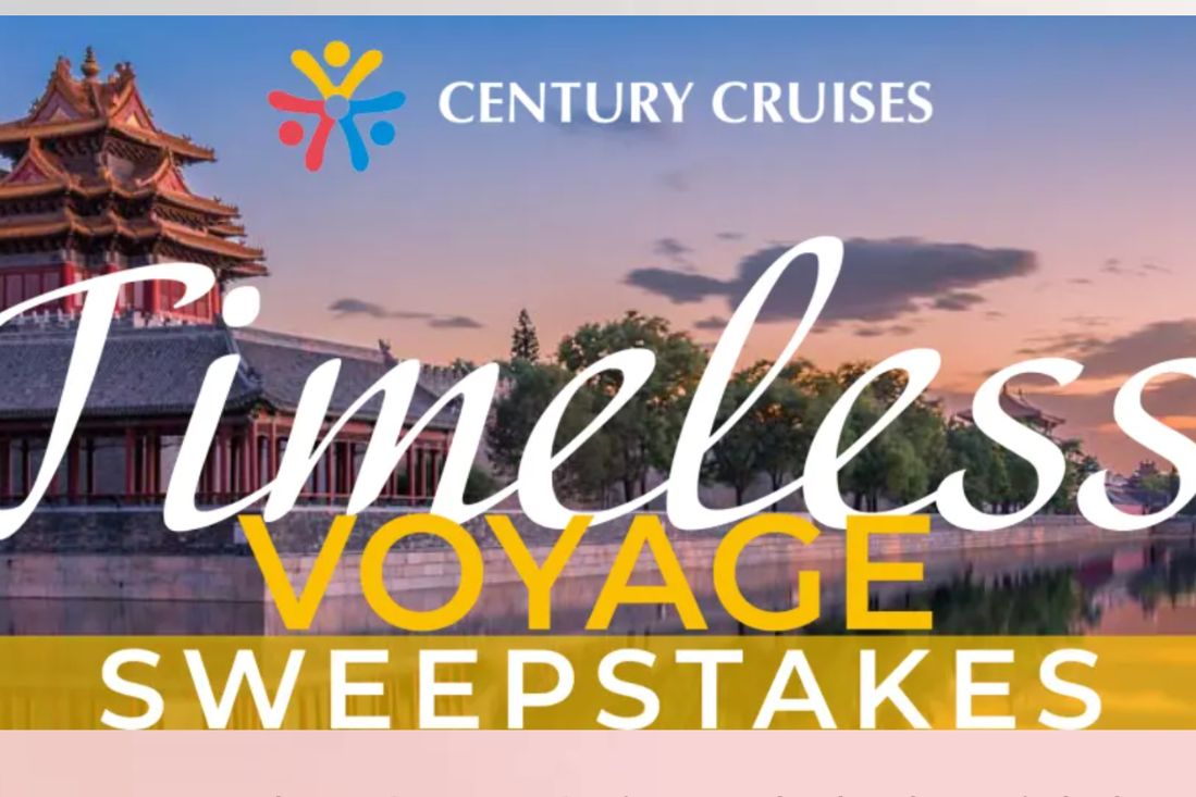 A scenic view of a traditional building near a waterway at sunset, with soft colors illuminating the sky, promoting a travel sweepstakes, featured in the Timeless Voyage Sweepstakes
