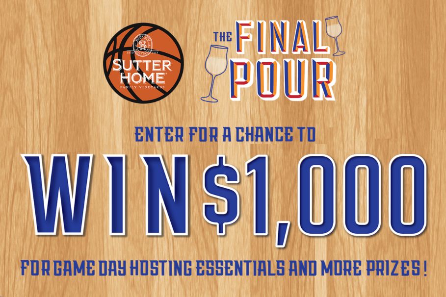 A colorful promotional image featuring a basketball, a wine glass, and text announcing a chance to win $1,000 for game day hosting essentials, featured in the Sutter Home $1,000 Sweepstakes