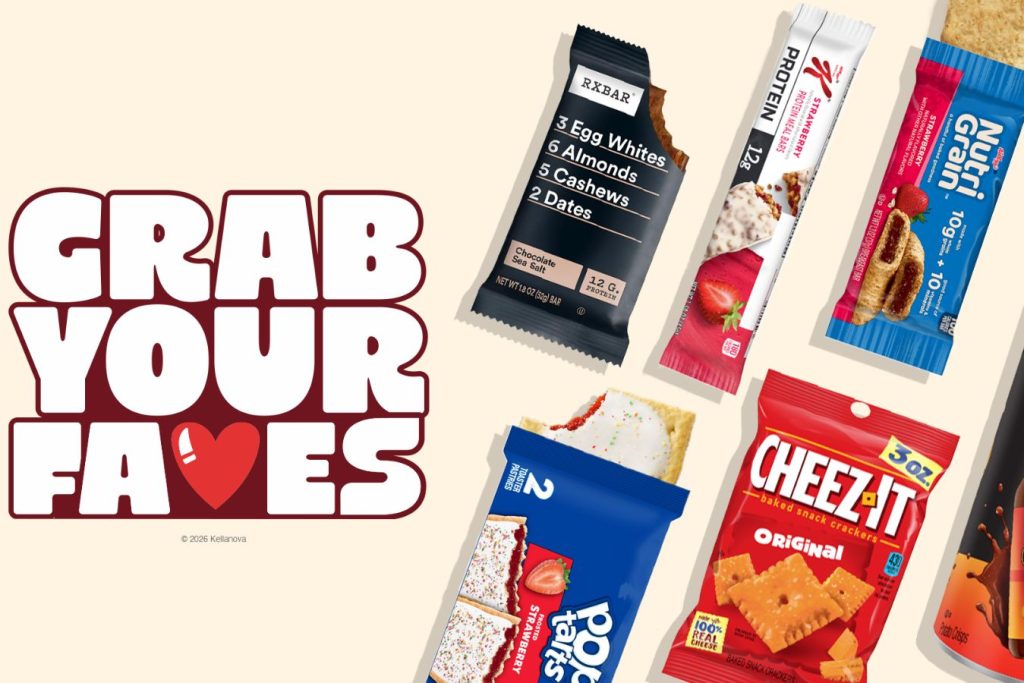 An assortment of snack bars and crackers, including RXBAR, Pop-Tarts, and Cheez-It, is displayed on a light background, highlighting their variety and appeal for quick bites, featured in the Kellanova $500 Gift Card Sweepstakes
