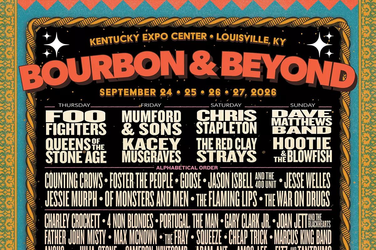 A colorful festival lineup features prominent artists and bands scheduled to perform at the Bourbon & Beyond event in Louisville, Kentucky, from September 24 to 27, 2026, featured in the Townsquare Bourbon Beyond Sweepstakes