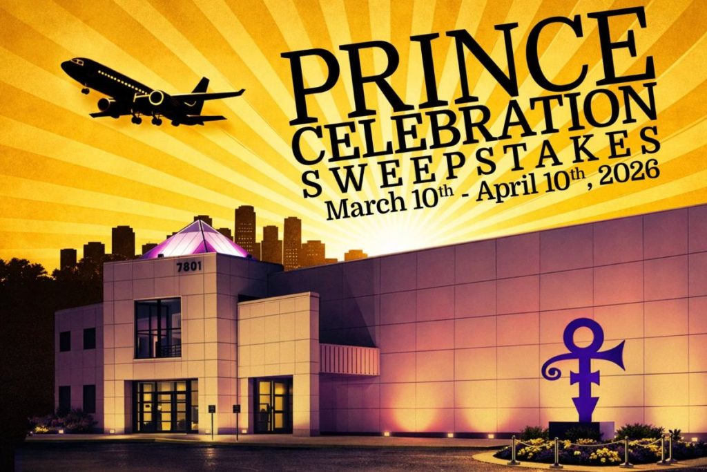 A modern building with a triangular rooftop illuminates the scene, surrounded by city skyline silhouettes and a plane flying above, highlighting an upcoming celebration event, featured in the Paisley Park Prince Celebration Sweepstakes