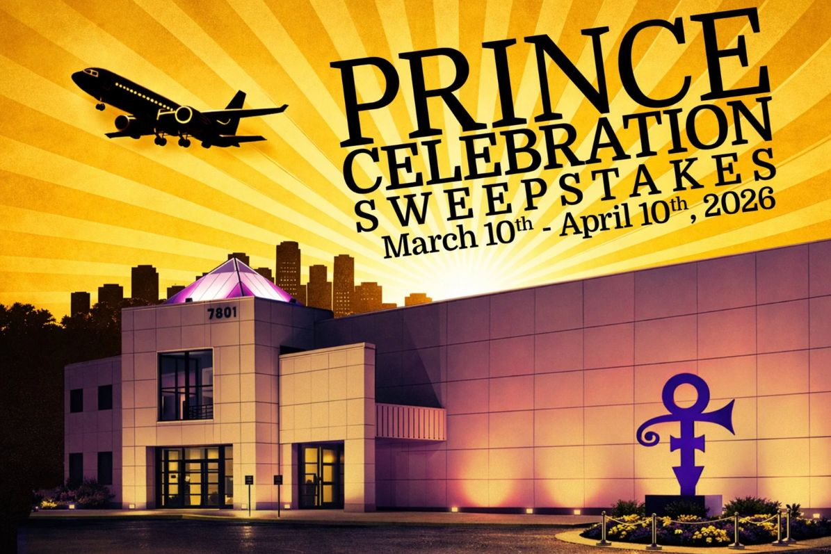 A modern building with a triangular rooftop illuminates the scene, surrounded by city skyline silhouettes and a plane flying above, highlighting an upcoming celebration event, featured in the Paisley Park Prince Celebration Sweepstakes