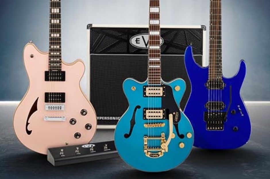 Three electric guitars, in pink, blue, and blue, are displayed in front of an amplifier, showcasing their unique designs and features against a soft, gradient background, featured in the Musician's Friend Guitar Fest Giveaway