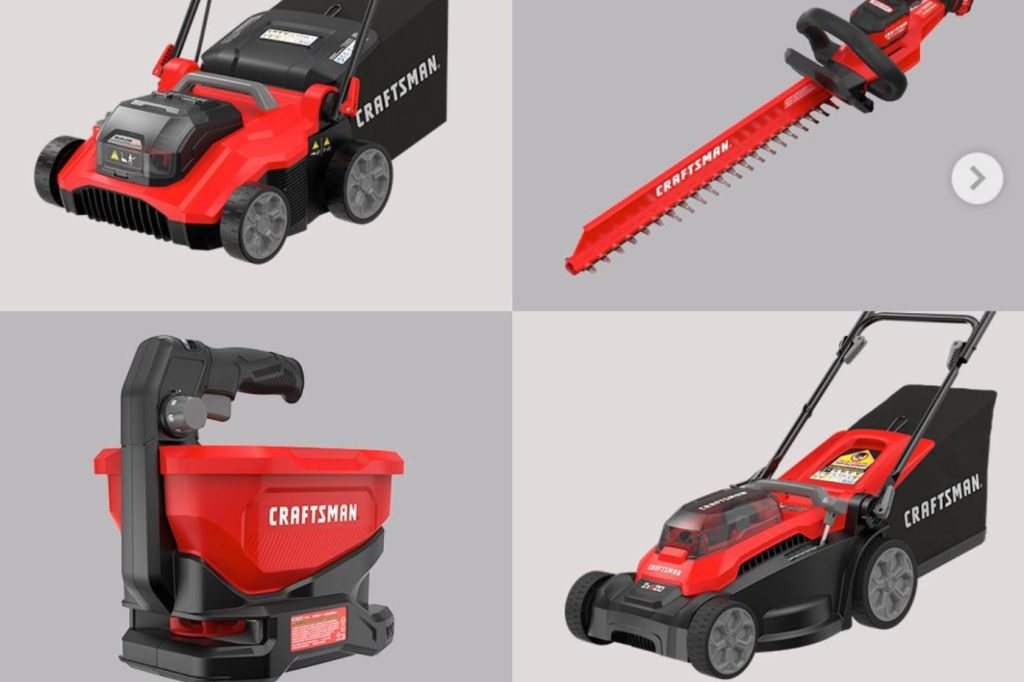 A collection of four gardening tools arranged in a grid, featuring a lawn mower, hedge trimmer, and handheld spreader, all in vibrant red and black colors, featured in the CRAFTSMAN Spring Summer Giveaway 2026