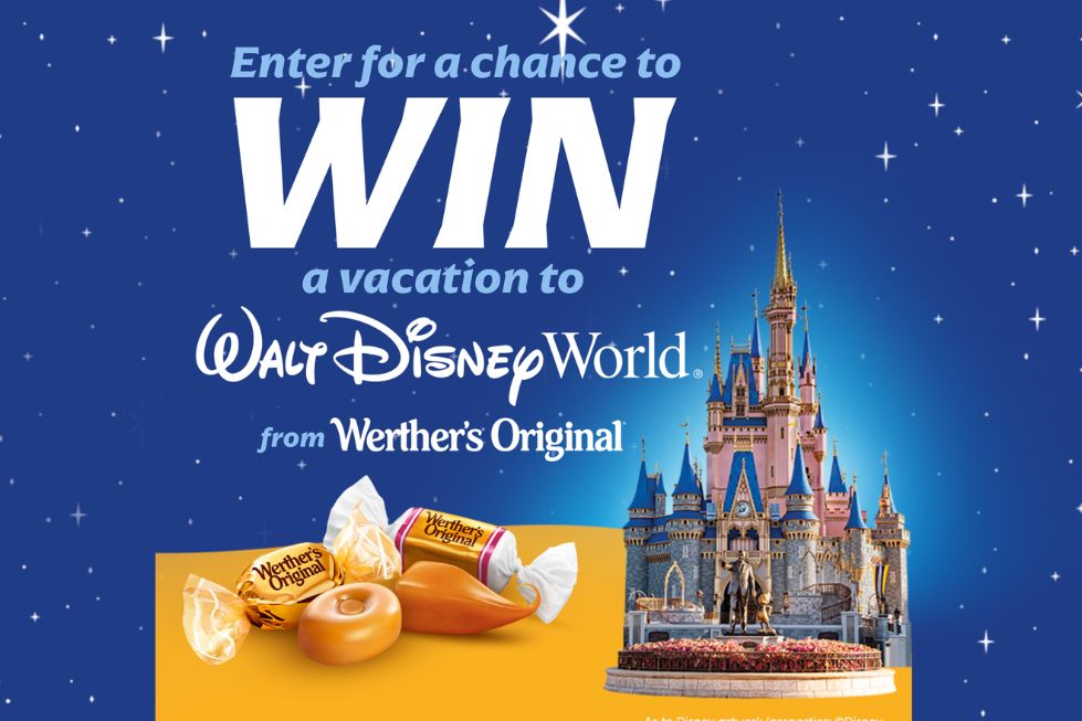 A magical castle stands against a starry blue background, accompanied by Werther's Original candies, promoting a chance to win a vacation to Walt Disney World, featured in the Werthers Original Spring Sweepstakes